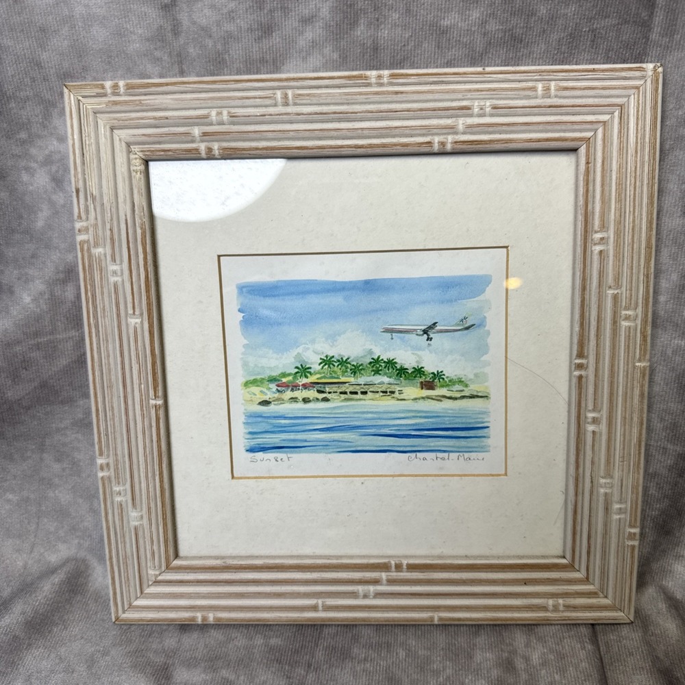 Chantal Marie "Sunset" Watercolor Painting Framed w/Mat Beach‎ Art Shore 8.5x8.5